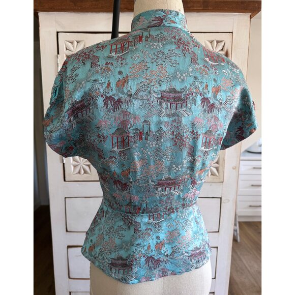 Antique 40s Asian Chinoiserie Cheongsam Silk Peplum Top S - Picture 4 of 6
